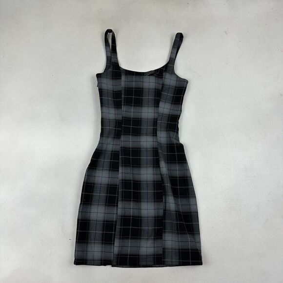 H&M Divided Black Gray Plaid Tank Dress Thick Straps Side Zip Stretch Slit XXS - Picture 8 of 8